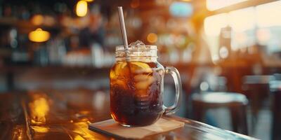 Cold brew coffee in a mason jar with a lid on a wooden surface with coffee beans around, meal photography photo