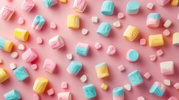 Colorful marshmallows scattered on a plain background, each indicating a different flavor, food setting photo