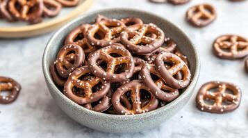 Dairy-free chocolate-covered pretzels in a bowl, with a few scattered around, meal photography photo
