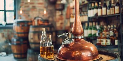 Copper pot still in a craft distillery, with bottles of distilled spirits nearby, meal photography photo