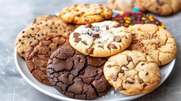 Cookies in a circular pattern on a plain white plate, meal photography photo