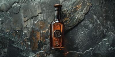 Craft distillery bottle with wax seal, on a polished stone surface, food setting photo