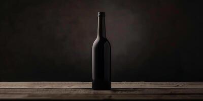 Dark glass bottle of apple cider, upright on a table, with a minimalistic label facing the camera, food setting photo