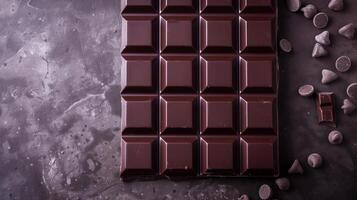 Dark chocolate bar on a plain background, divided into several small, uniform squares, food setting photo