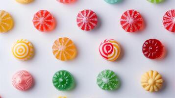 Different chewy candy pieces displayed in a symmetrical pattern on a plain background, showing various colors, meal photography photo