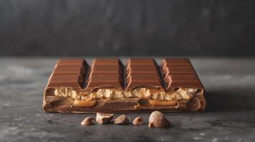 Filled chocolate bar broken in half, displaying the inner filling layer within each segment, meal photography photo