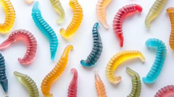 Gummy worms of various colors and patterns spread evenly on a white surface, food setting photo