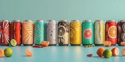 Healthy soda cans with varied designs, showcasing different flavor options and brand names, food setting photo
