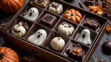 Halloween-themed chocolate pieces in various shapes, such as pumpkins and ghosts, presented in a decorative box, meal photography photo