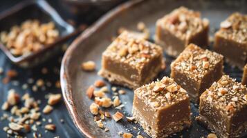 Halva squares on a ceramic dish, with visible nut pieces and dense texture, meal photography photo