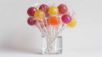 Lollipops in clear wrappers grouped inside a glass vase on a white background, meal photography photo