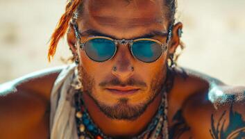 A man sits on the beach wearing sunglasses, showcasing a relaxed vibe with summer accessories and tattoos. photo