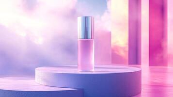 A striking pink perfume bottle stands on a cylindrical platform surrounded by colorful clouds and light reflections. photo