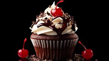 A chocolate cupcake topped with creamy frosting, chocolate drizzle, and bright cherries sits against a black background. photo