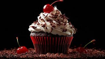 Delightful chocolate cupcake features whipped cream, cherry, and chocolate shavings, all set against a dark backdrop. photo