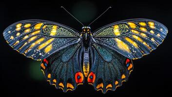 A butterfly with black and orange wings. The butterfly is resting on a black background. The butterfly is the main focus of the image photo