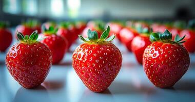 Three red strawberries are on a white surface. The strawberries are ripe and ready to eat. Concept of freshness and abundance photo