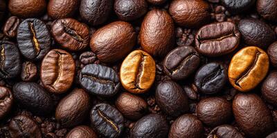 A close up of coffee beans with some of them being brown and some of them being black. Concept of warmth and comfort, as coffee is often associated with relaxation and socializing photo