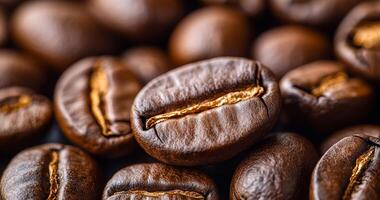 A close up of coffee beans with a brown and tan color. The beans are spread out and have a rough texture photo