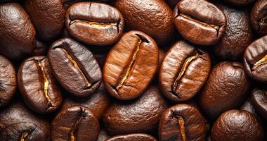 A close up of coffee beans with a brownish color. The beans are arranged in a pattern and appear to be of different sizes photo