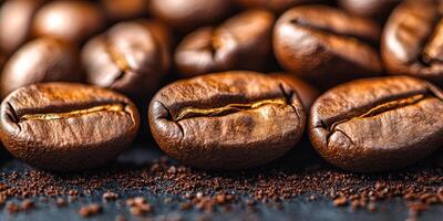 A close up of coffee beans with a dark brown color. The beans are piled on top of each other and there is a small amount of coffee grounds on the bottom photo