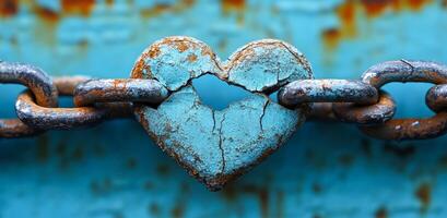 A chain with a heart in the middle of it. The heart is broken and the chain is rusted photo