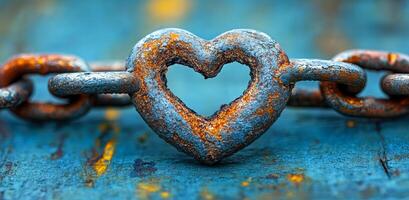 A chain with a heart in the middle of it. The heart is made of metal and is surrounded by rust. The chain is blue and the heart is silver photo