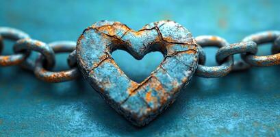 A heart made of metal is chained to a chain. The heart is broken and the chain is rusty. Concept of sadness and loss photo
