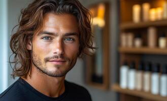 A man with a beard and long hair is smiling at the camera. He is wearing a black shirt and he is in a bar or salon photo