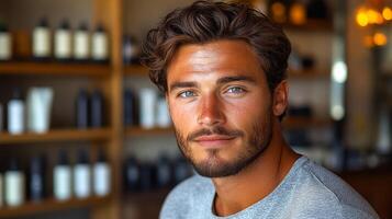A man with a beard and a tan face is standing in front of a shelf of bottles. He is wearing a gray shirt and he is looking at the camera photo