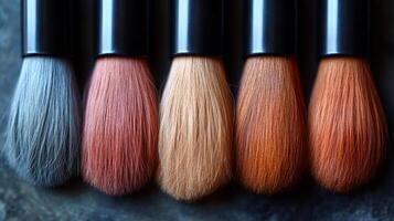 A row of makeup brushes with different colors and textures. The brushes are lined up next to each other, showcasing the variety of options available for makeup application photo