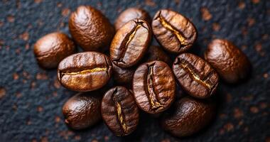 A close up of coffee beans on a black surface. The beans are brown and have a slightly rough texture. Concept of warmth and comfort, as coffee is often associated with relaxation and socializing photo
