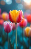 A single yellow and red flower stands out in a field of pink and purple flowers. The bright colors of the flower contrast with the blue sky in the background, creating a sense of warmth and happiness photo