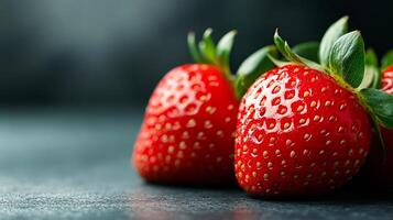 Three red strawberries on a table. The strawberries are ripe and ready to eat. The table is dark and the strawberries are the only bright color in the image photo