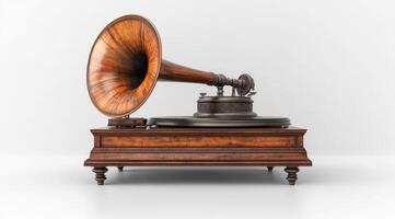 An old fashioned record player with a brown wooden base. The record player is sitting on a white surface photo