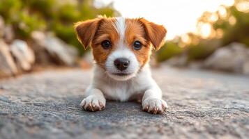 A small brown and white dog is laying on the ground. The dog is looking up at the camera with a curious expression photo