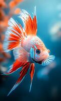 A fish with orange and white fins is swimming in a blue ocean. The fish has a happy expression on its face photo