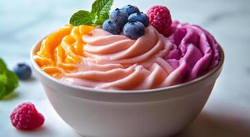 A bowl of ice cream with blueberries and raspberries. The ice cream is pink, orange, and purple photo