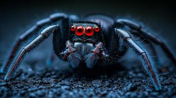 A spider with red eyes and red markings on its body. The spider is black and he is in a dark environment photo