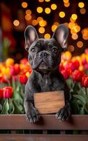 A black dog is holding a wooden sign in front of a flower bed. The dog is looking at the camera with a curious expression. Concept of playfulness and companionship between the dog and the viewer photo