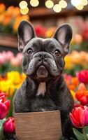 A black dog is standing in a field of flowers, holding a wooden sign. The dog appears to be looking at the camera with a serious expression. Concept of calm and peacefulness photo