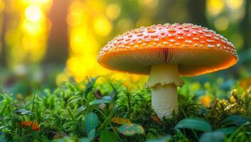 A large orange mushroom is sitting on a patch of green grass. The mushroom is surrounded by a variety of plants and grass, creating a peaceful and natural scene photo
