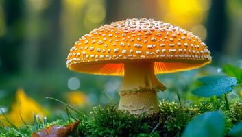 A large orange mushroom with white spots sits on a patch of green grass. The mushroom is surrounded by moss and leaves, creating a peaceful and natural scene photo