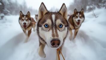 Three dogs are running in the snow, one of which has blue eyes. The dogs are wearing harnesses and appear to be well-trained. The scene is lively and energetic photo