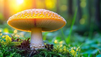 A large orange mushroom is sitting on a patch of moss. The mushroom is surrounded by green grass and the sun is shining on it, creating a warm and inviting atmosphere photo