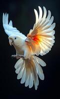 A white parrot with red feathers is flying in the air. The bird has a bright orange beak and is surrounded by a beautiful, colorful wing. Concept of freedom and joy photo