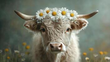 A cow with a flower crown on its head. The cow is looking at the camera. The image has a whimsical and playful mood photo