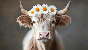 A cow with a flower crown on its head. The cow is looking at the camera. The image has a whimsical and playful mood photo