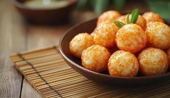 A bowl of fried food with a green leaf on top. The bowl is brown and the food is golden brown photo