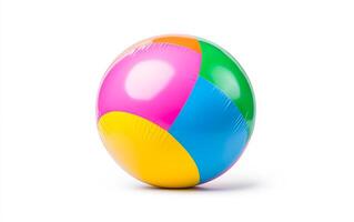 A colorful plastic beach ball with a white background. The ball is made of plastic and has a multicolored design photo